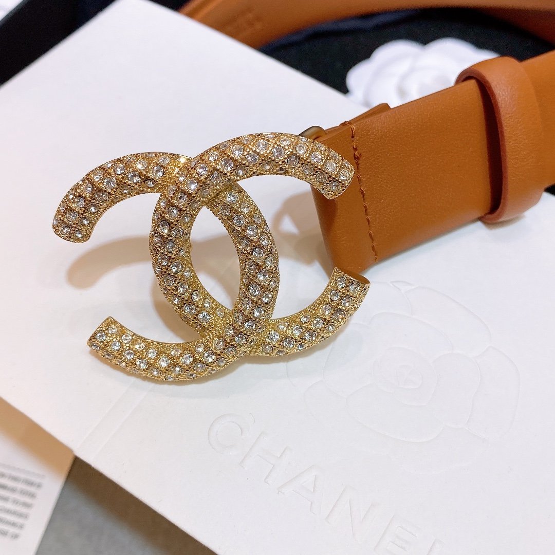Chanel Brown Belt With Double C Buckle Gold-Toned and Strass Metal Women Belt 30MM