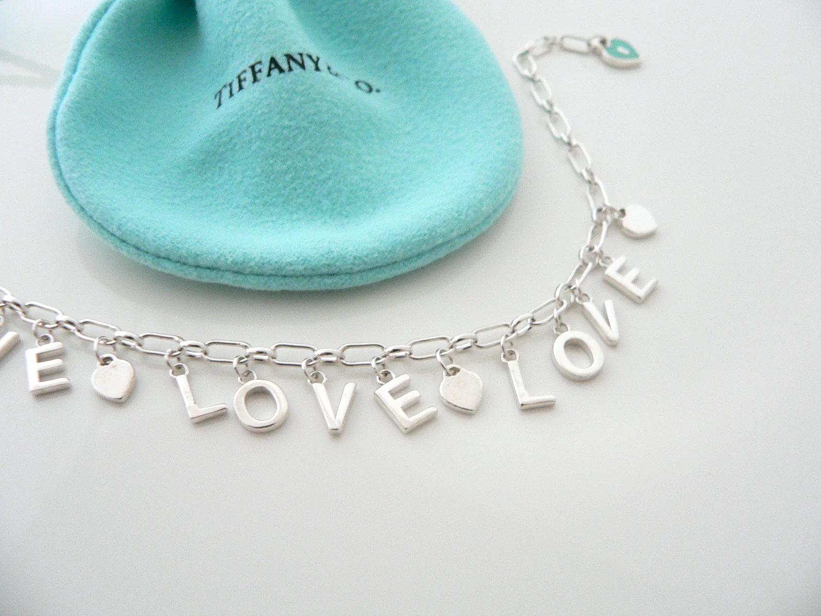 Tiffany & Co LOVE Charm Bracelet Dangling Pendant Link Chain Bangle Blue Enamel Hearts 7.5 Inches