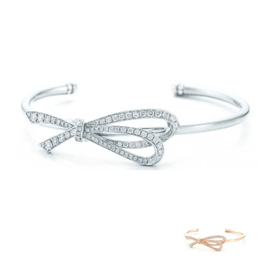 High-quality Tiffany Bow Cuff White Gold Plated Diamonds Elegant Bowknot Sterling Silver Bangle GRP09535/GRP08653