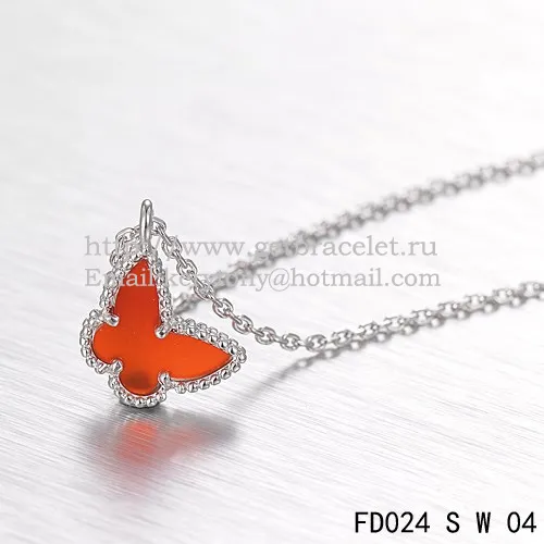 Van Cleef Arpels Lucky Alhambra Butterfly Necklace White Gold With Carnelian Mother Of Pearl