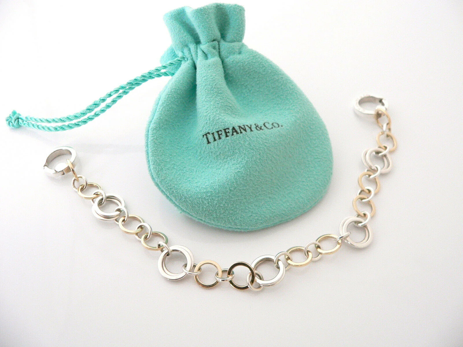 Tiffany & Co Silver 18K Gold Circles Link Bracelet Bangle 8.5 Inch Longer Gift