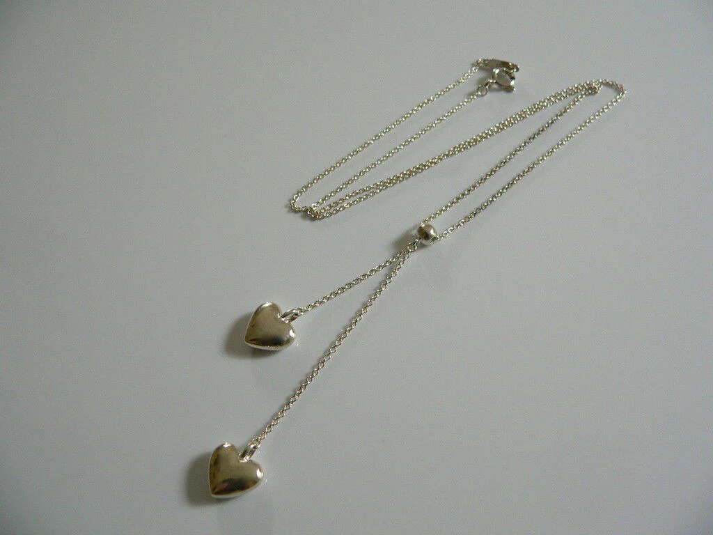 Tiffany & Co Silver Double Dangling Hearts Necklace Pendant Charm Gift Pouch