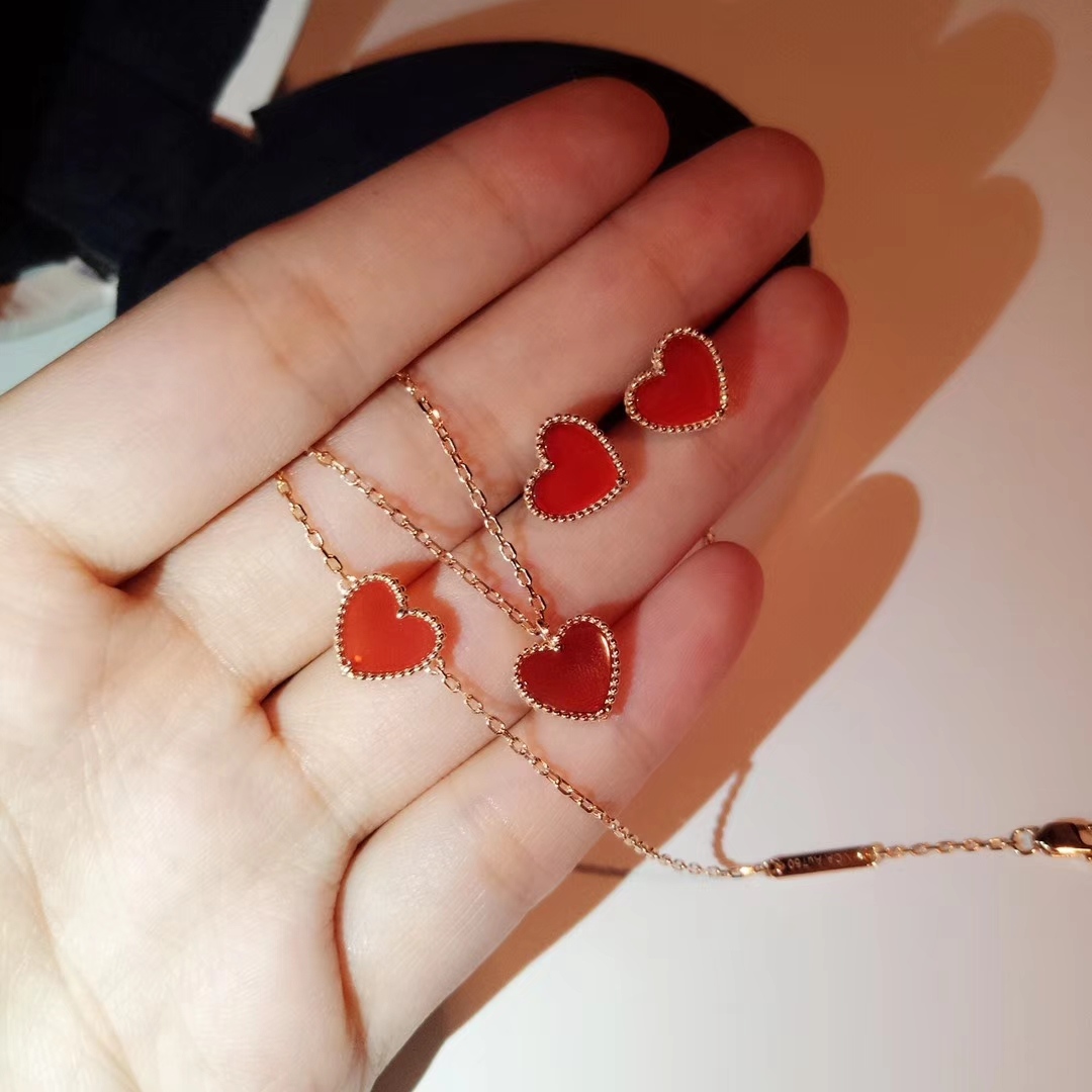 Van Cleef & Arpels Carnelian Heart Necklace & Earrings, Sweet Alhambra heart pendant