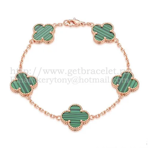 Van Cleef & Arpels Vintage Alhambra Bracelet 5 Motifs Pink Gold With Malachite Mother Of Pearl