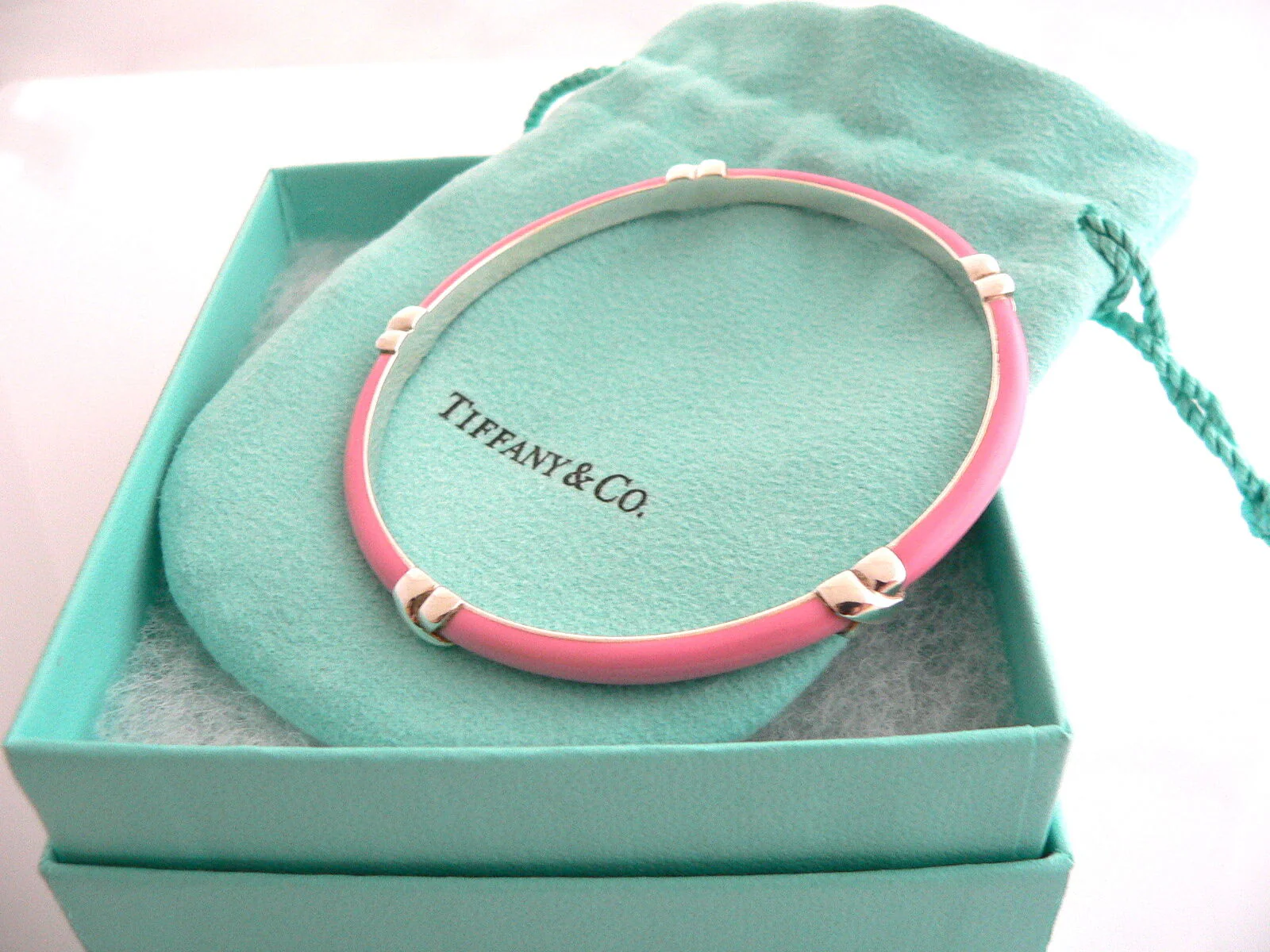 Tiffany & Co Silver Pink Enamel Signature X Bangle Bracelet Mint Gift Pouch Box