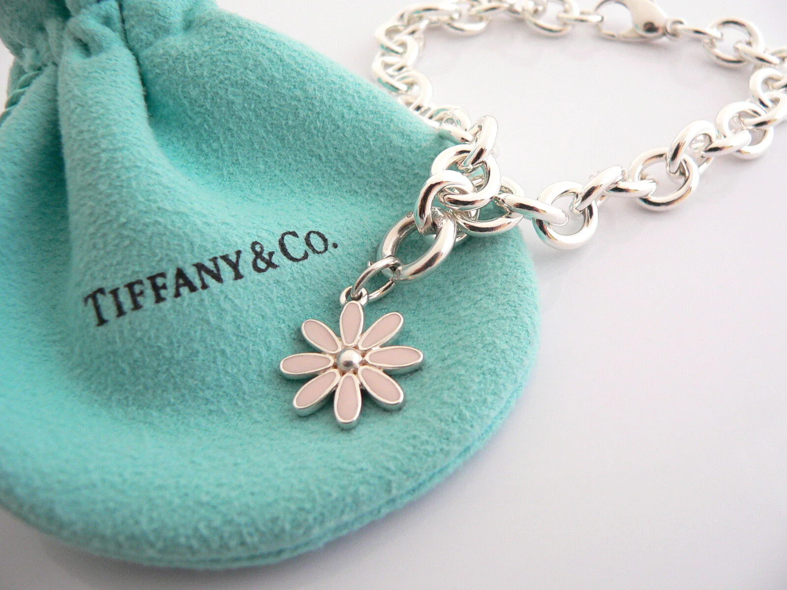Tiffany & Co Daisy Flower Bracelet Silver Pink Enamel Bangle Charm Clasp Gift