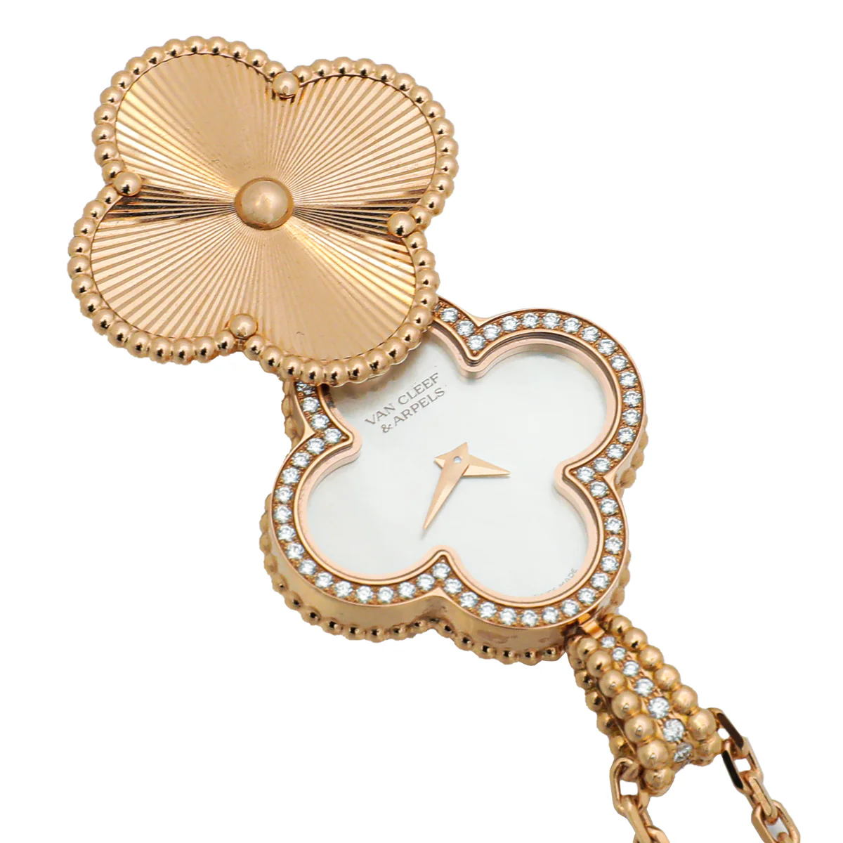 Van Cleef & Arpels 18K Pink Gold Diamonds Alhambra Secret Quartz Pendant Watch