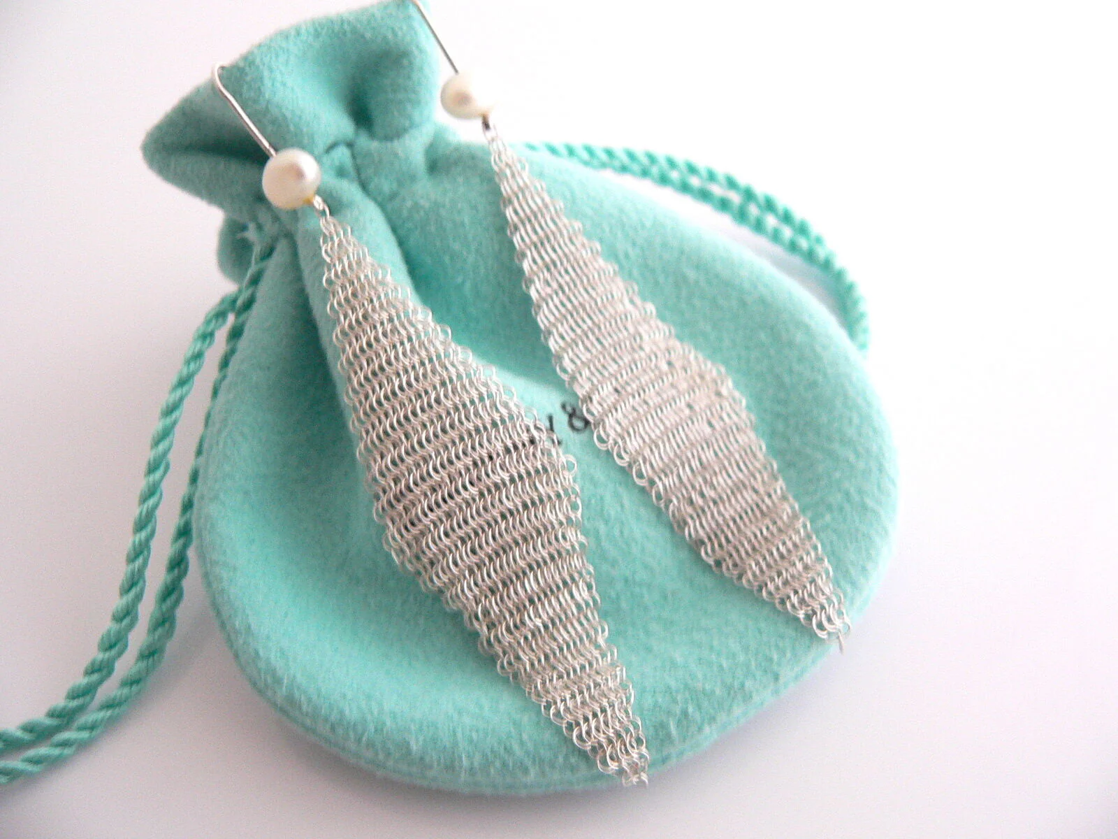 Tiffany & Co Silver Large 3 Inch Pearl Mesh Drop Dangling Dangle Earrings Gift