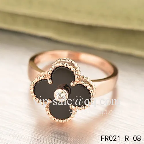 Replica Van Cleef Vintage Alhambra Ring In Pink Gold With Onyx