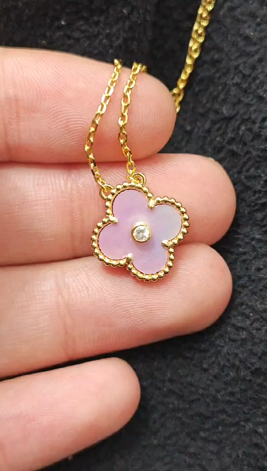 Van Cleef & Arpels Pink Rose Clover Necklace with Diamonds, Vintage Alhambra pendant
