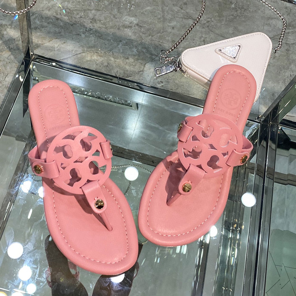 Tory Burch Leather Metal Double T Logo Flip-flops Sandals Slide (Replica)