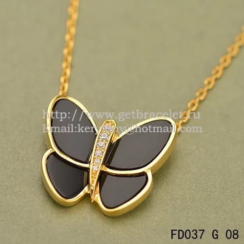 Van Cleef & Arpels Flying Butterfly Pendant Necklace Yellow Gold With Black Onyx Diamonds