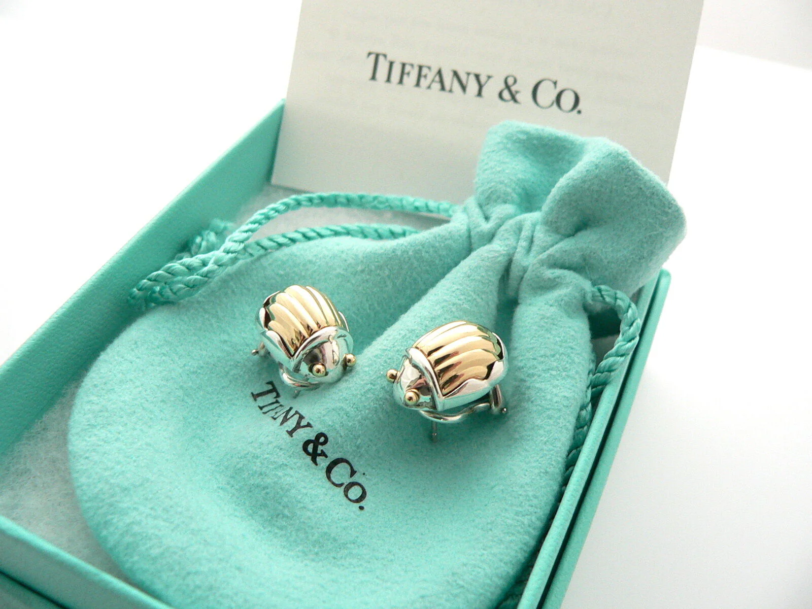 Tiffany & Co Scarab Earrings Silver 18K Gold Bug Beetle Love Gift Pouch Box Art
