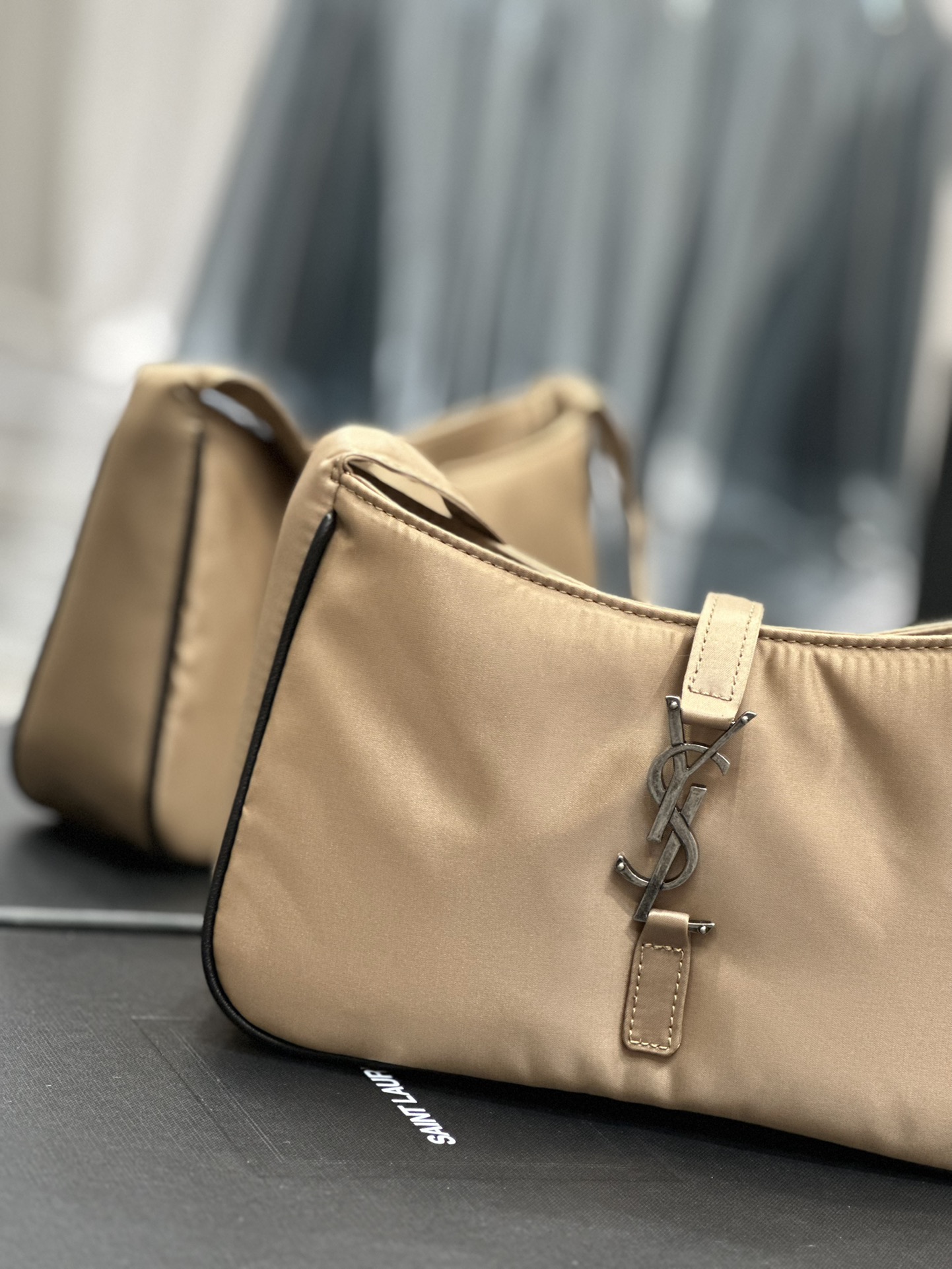 Saint Laurent 10A Handbag Shoulder Bag Top Mirror Quality Version Apricot Silver Buckle with Black Trim Nylon