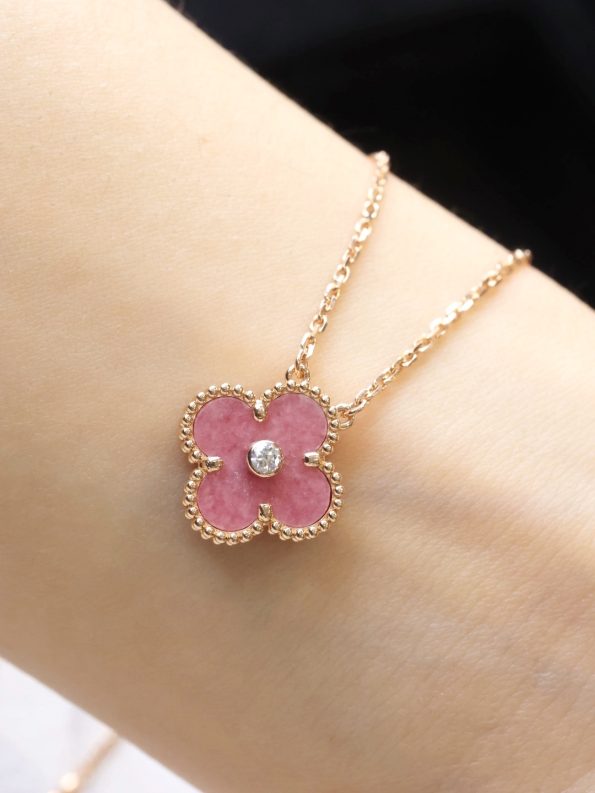 Van Cleef Necklace Dupe, Pink Clover Leaf Necklace, One Diamond, Rose Gold Chain