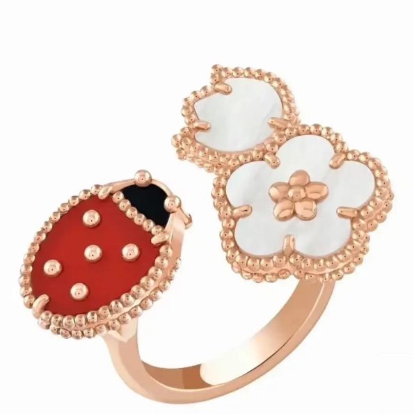 Van Cleef Ring Dupe, Ladybird & Double Flower Ring, Rose Gold