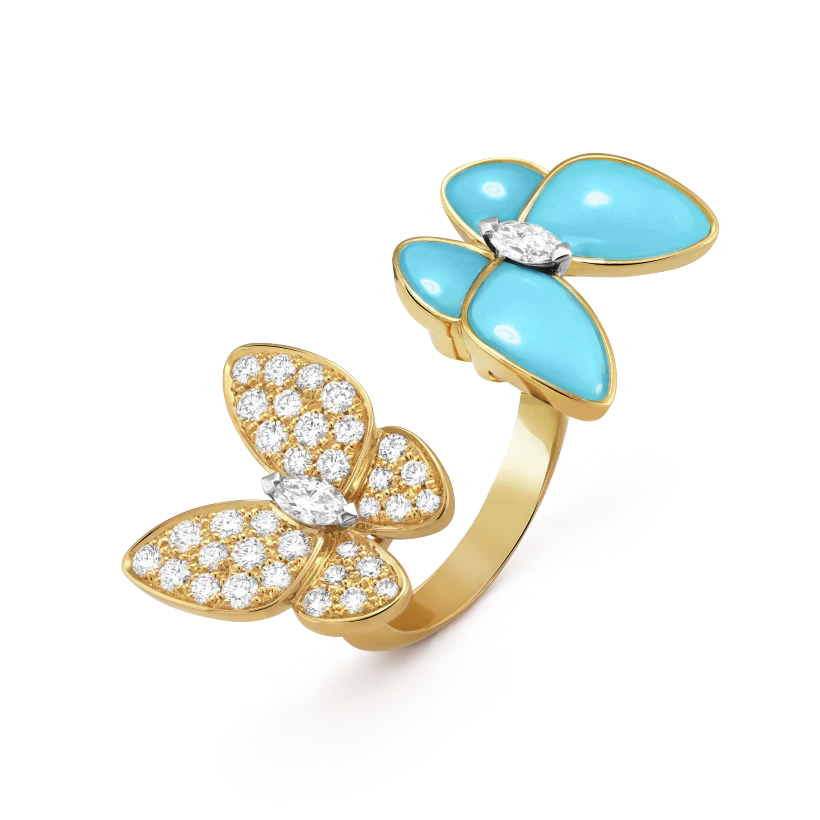 Van Cleef & Arpels Blue Butterfly & Full Diamond Butterfly Ring, Two Butterfly Between the Finger ring