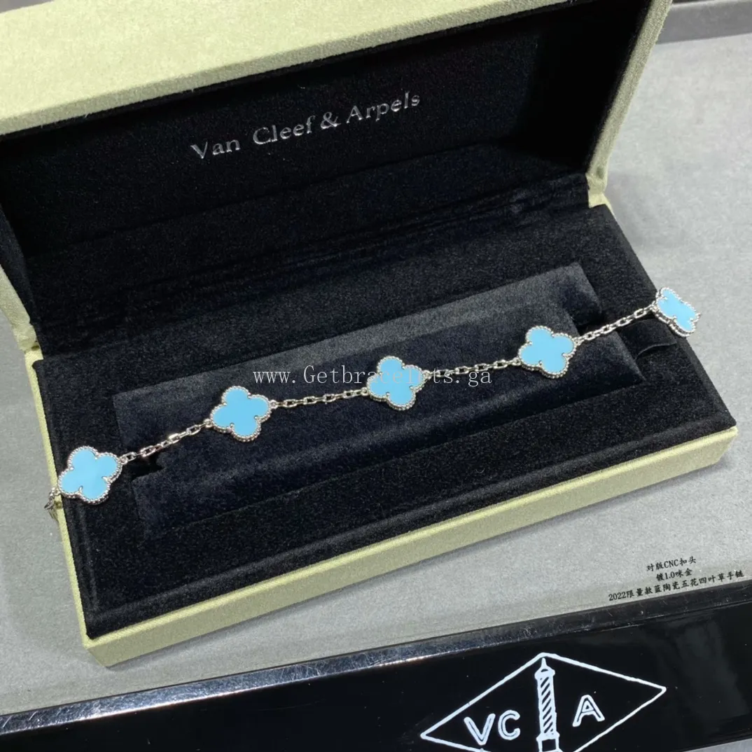 Van Cleef & Arpels Vintage Alhambra Bracelet 5 Motifs Turquoise and White Gold
