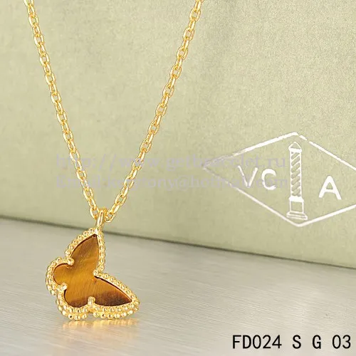 Van Cleef Arpels Lucky Alhambra Butterfly Necklace Yellow Gold With Tiger's Eye Mother Of Pearl