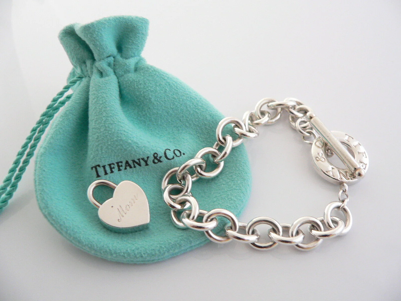 Tiffany & Co Silver Mom Heart Padlock Charm Pendant Toggle Bracelet Gift Pouch