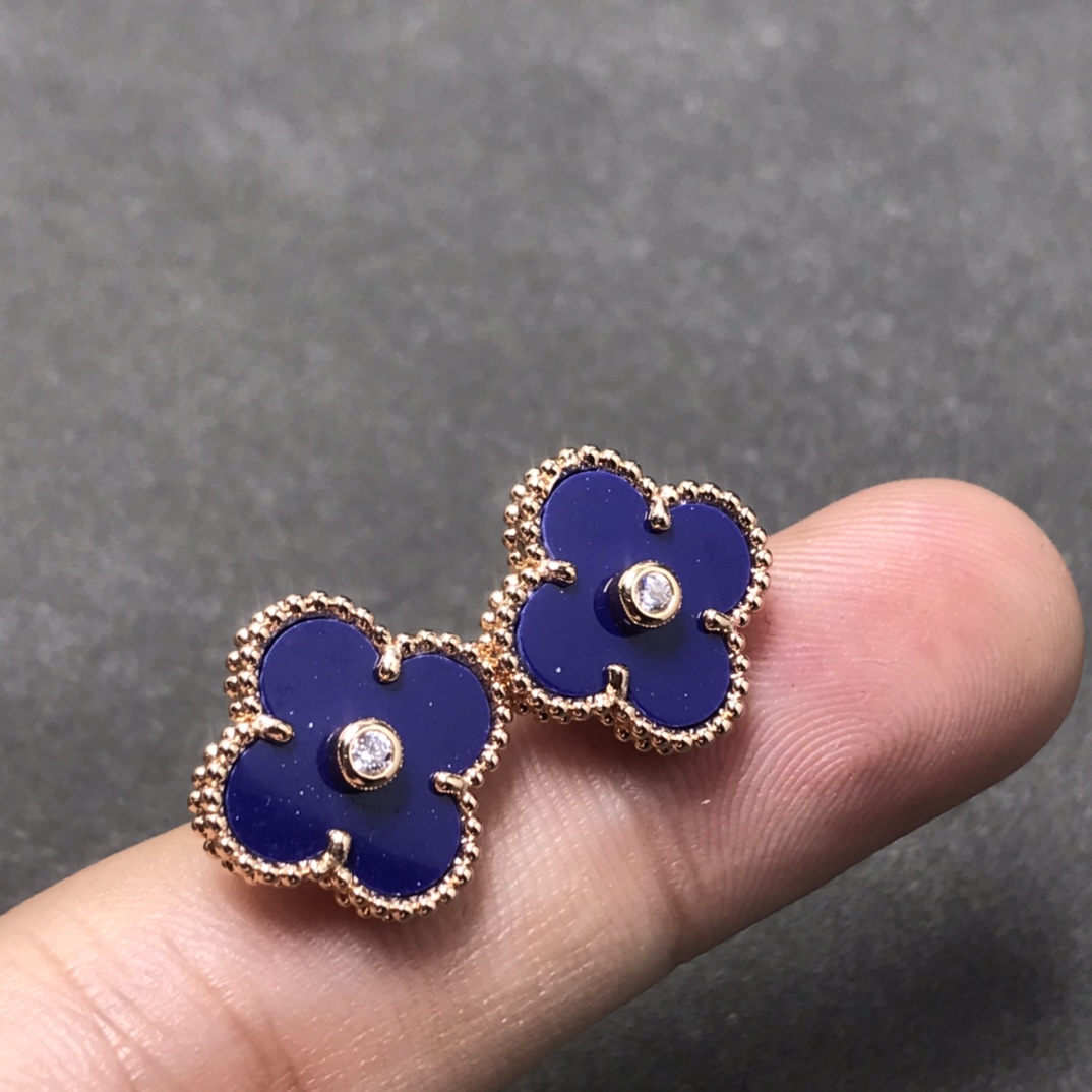Van Cleef & Arpels Blue Clover Stud Earrings with Diamonds, Vintage Alhambra earrings