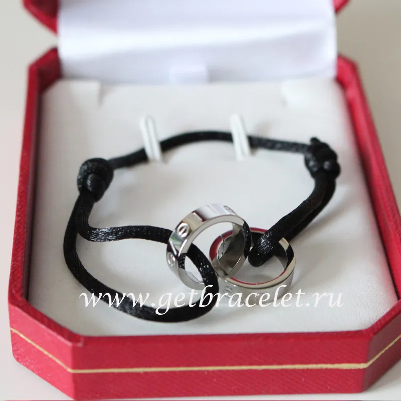 Cartier Double Ring Love Bracelet White Gold Black Rope
