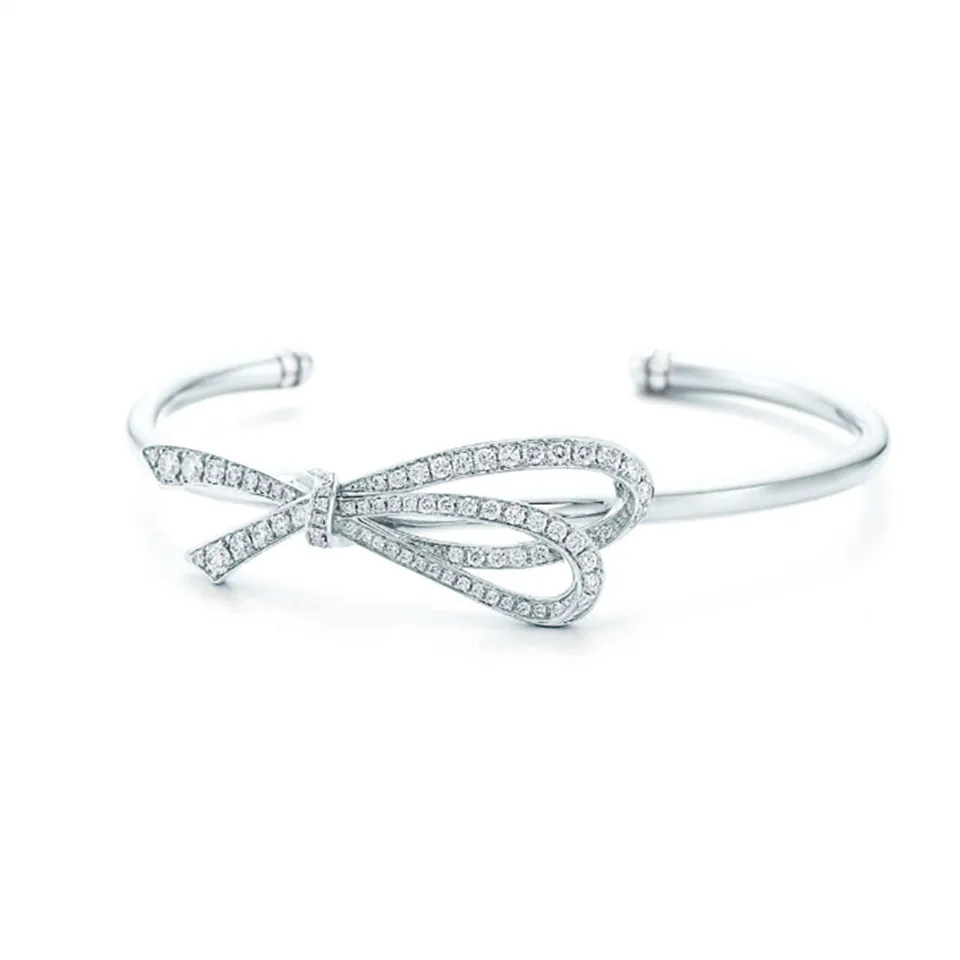 High-quality Tiffany Bow Cuff White Gold Plated Diamonds Elegant Bowknot Sterling Silver Bangle GRP09535/GRP08653