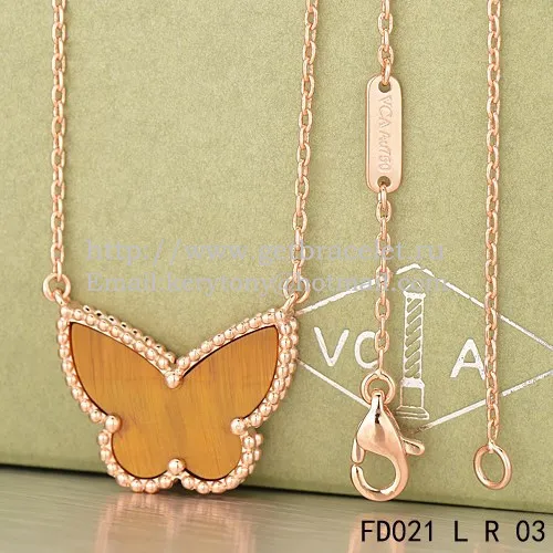 Van Cleef Arpels Lucky Alhambra Butterfly Pendant Pink Gold With Tiger's Eye Mother Of Pearl