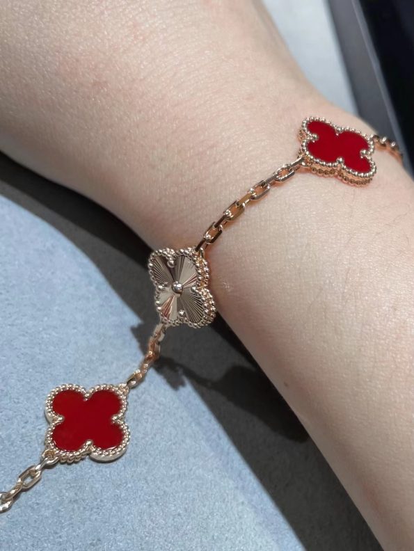 Van Cleef Bracelet Dupe – Red & Gold Clover Bracelet, Rose Gold