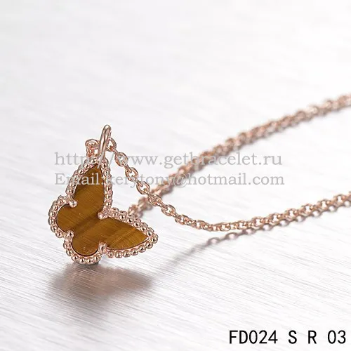 Van Cleef Arpels Lucky Alhambra Butterfly Necklace Pink Gold With Tiger's Eye Mother Of Pearl