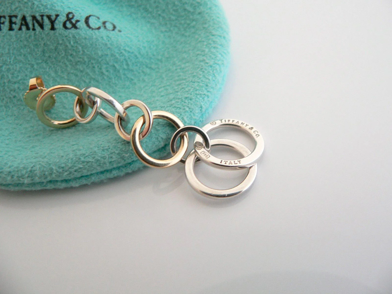 Tiffany & Co Silver 18K Gold Circles Dangling Dangle Earrings Love Gift Pouch