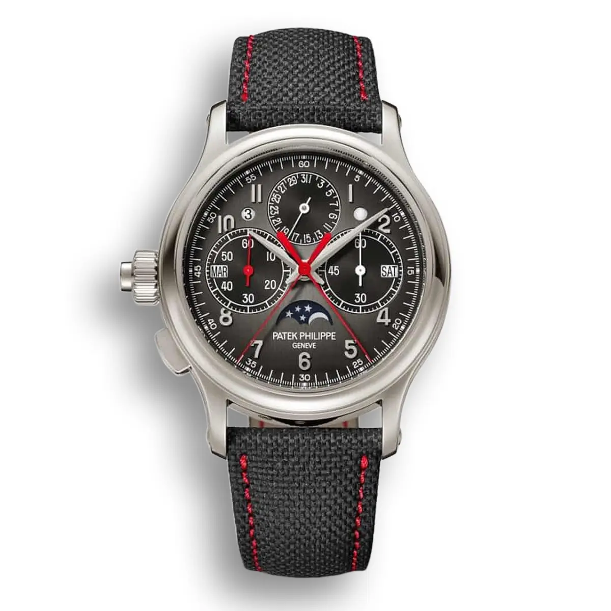 Split-seconds monopusher chronograph for left-handers, Perpetual calendar. 38.3 mm,Platinum,5373P-001