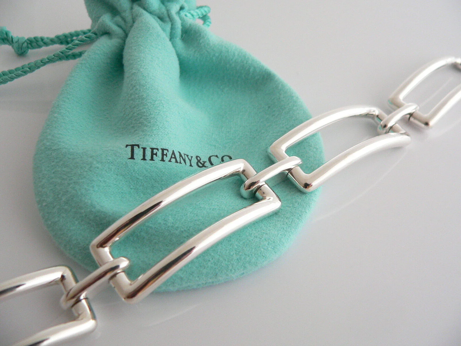 Tiffany & Co Silver Rectangle Link Bracelet Bangle Chain Gift Pouch Love Classic