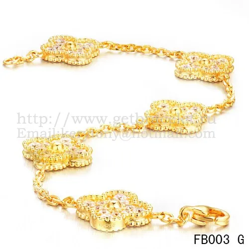 Van Cleef & Arpels Vintage Alhambra Bracelet 5 Motifs Yellow Gold With Round Diamonds