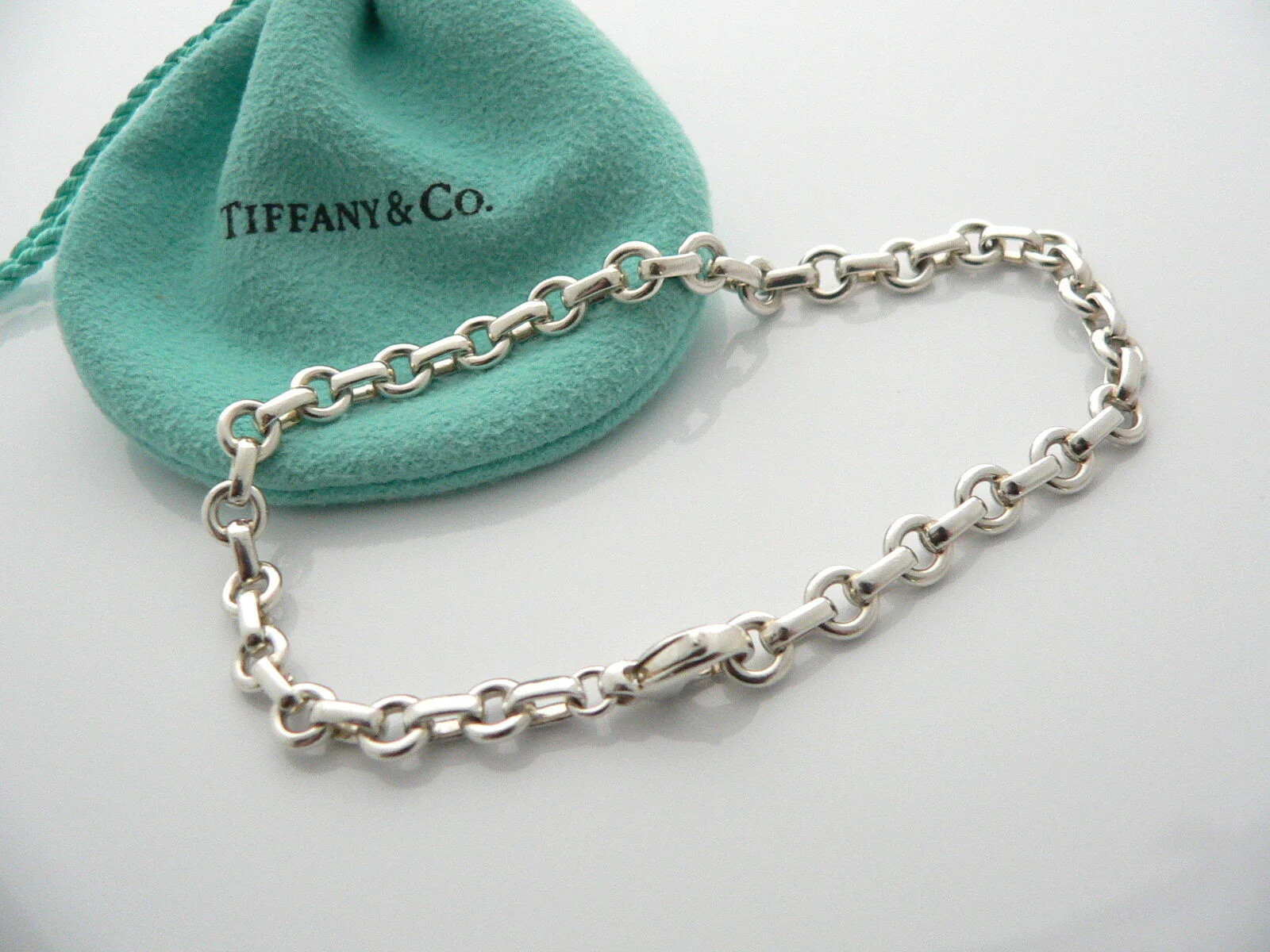Tiffany & Co Donut Bracelet Bangle Chain Link 8.5 Inch Longer Silver Gift Pouch