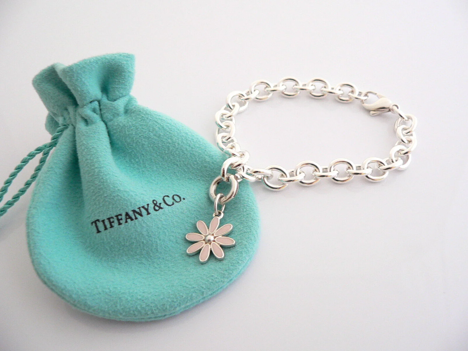 Tiffany & Co Daisy Flower Bracelet Silver Pink Enamel Bangle Charm Clasp Gift