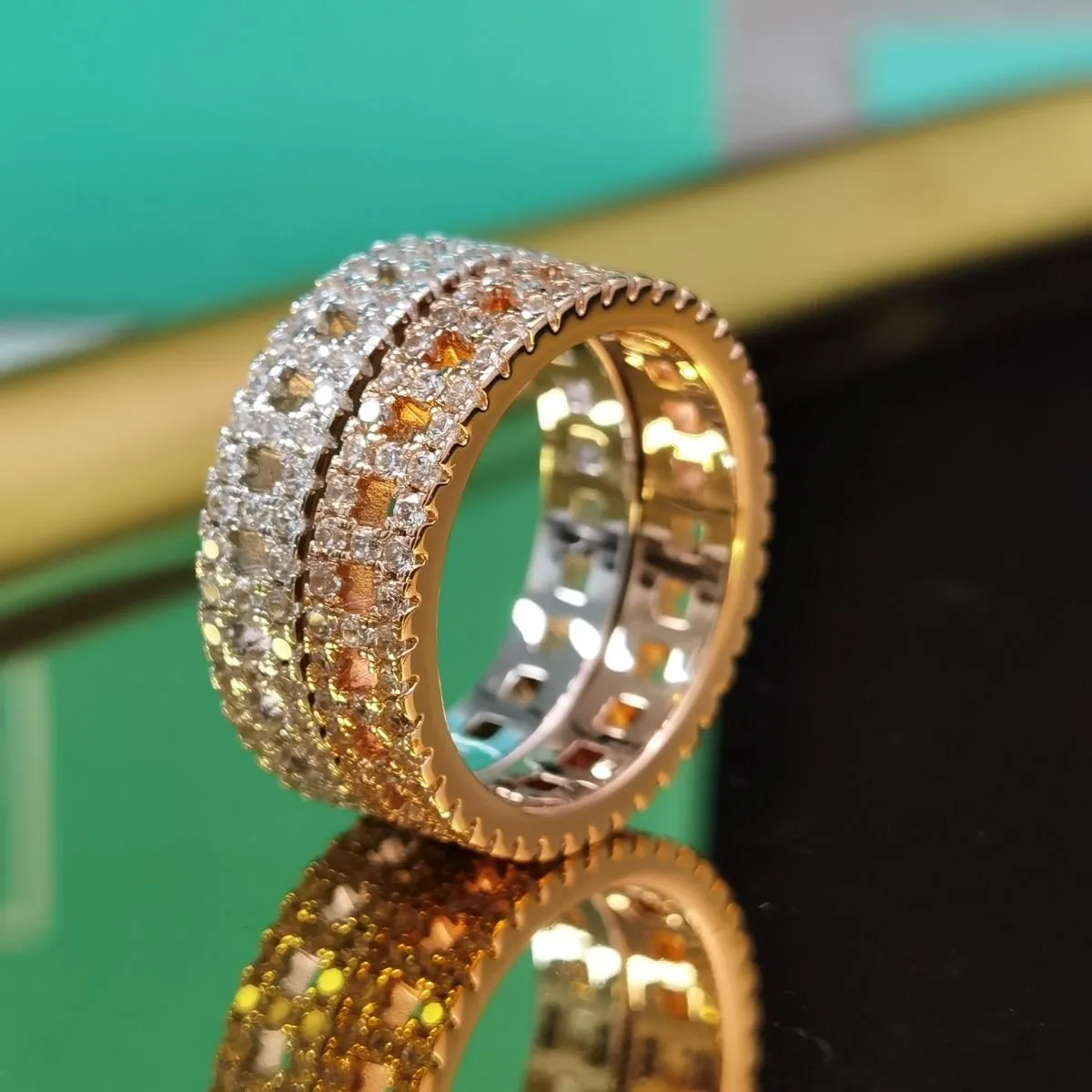 Nice Price Tiffany Female Tiffany T Paved Diamonds 5.5MM True Wide Ring White Gold/ Yellow Gold