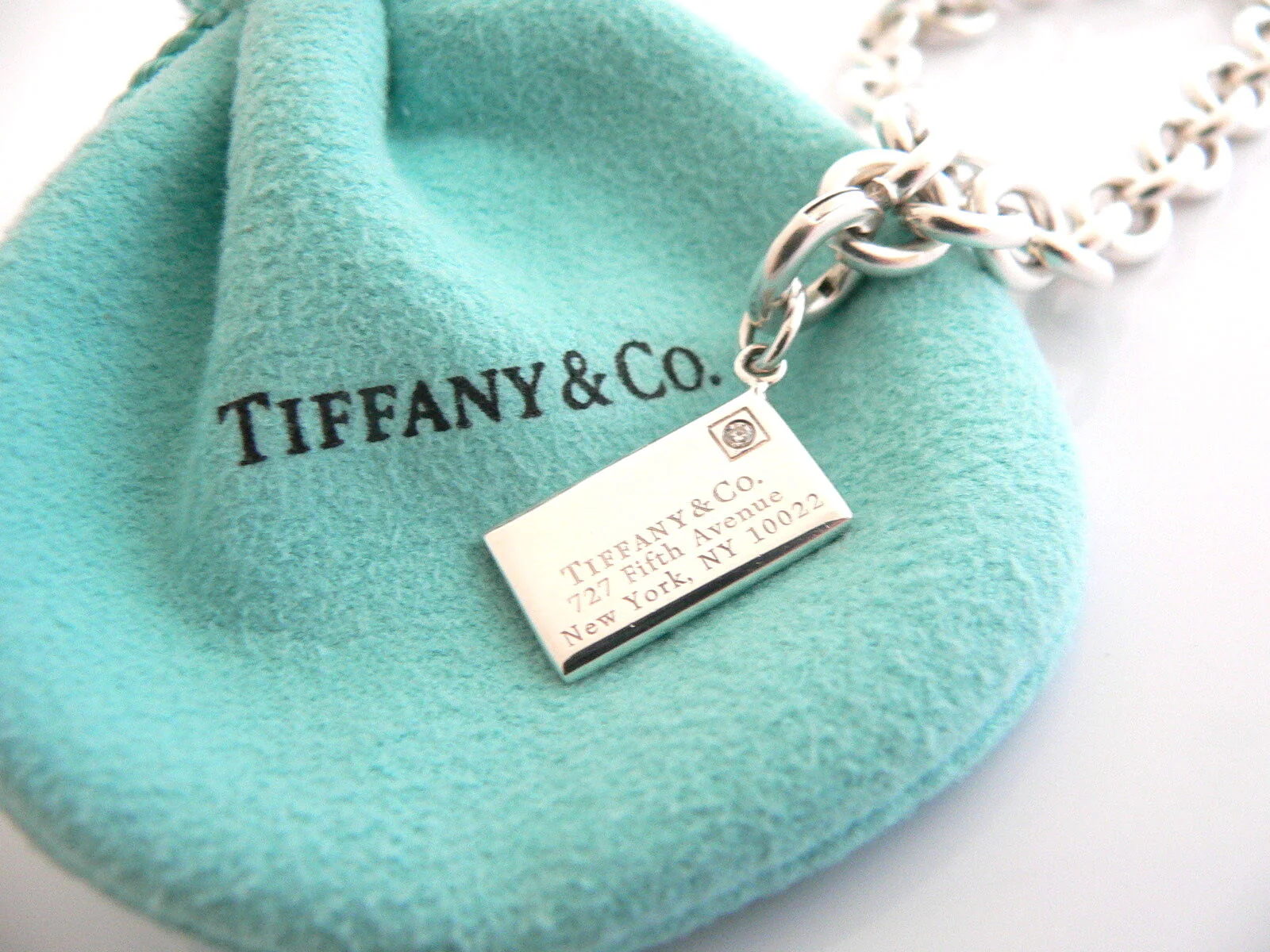 Tiffany & Co Silver Diamond Envelope Bracelet Charm Pendant Bangle 7.9 Inch Gift