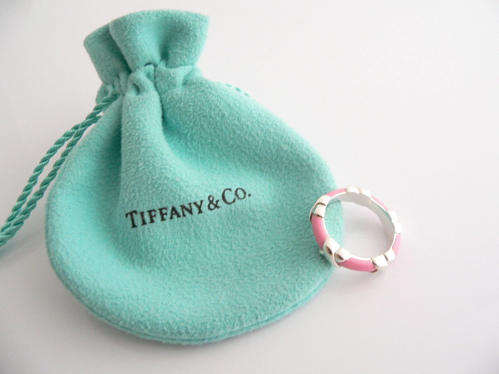 Tiffany & Co Silver Pink Enamel Signature X Stacking Ring Band Sz 6.25 Gift Love