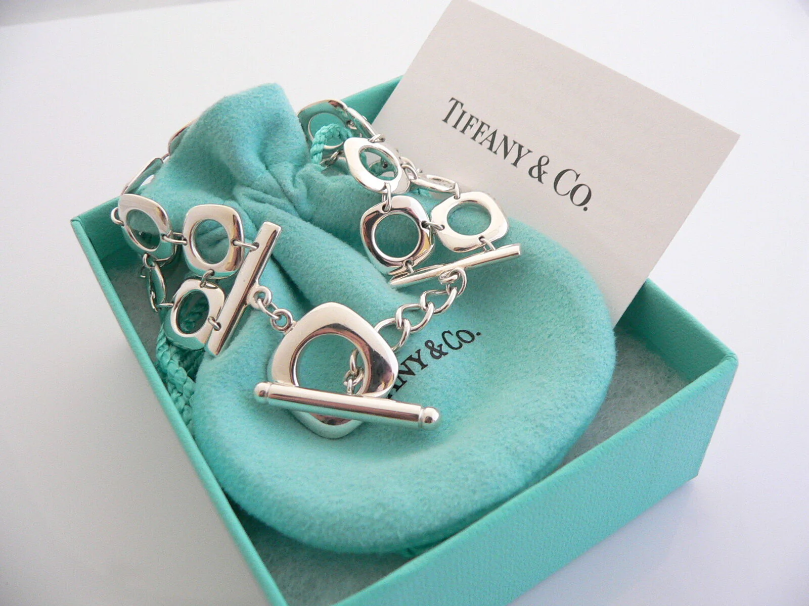 Tiffany & Co Cushion Square Link Toggle Bracelet Silver Double Chain Gift Pouch