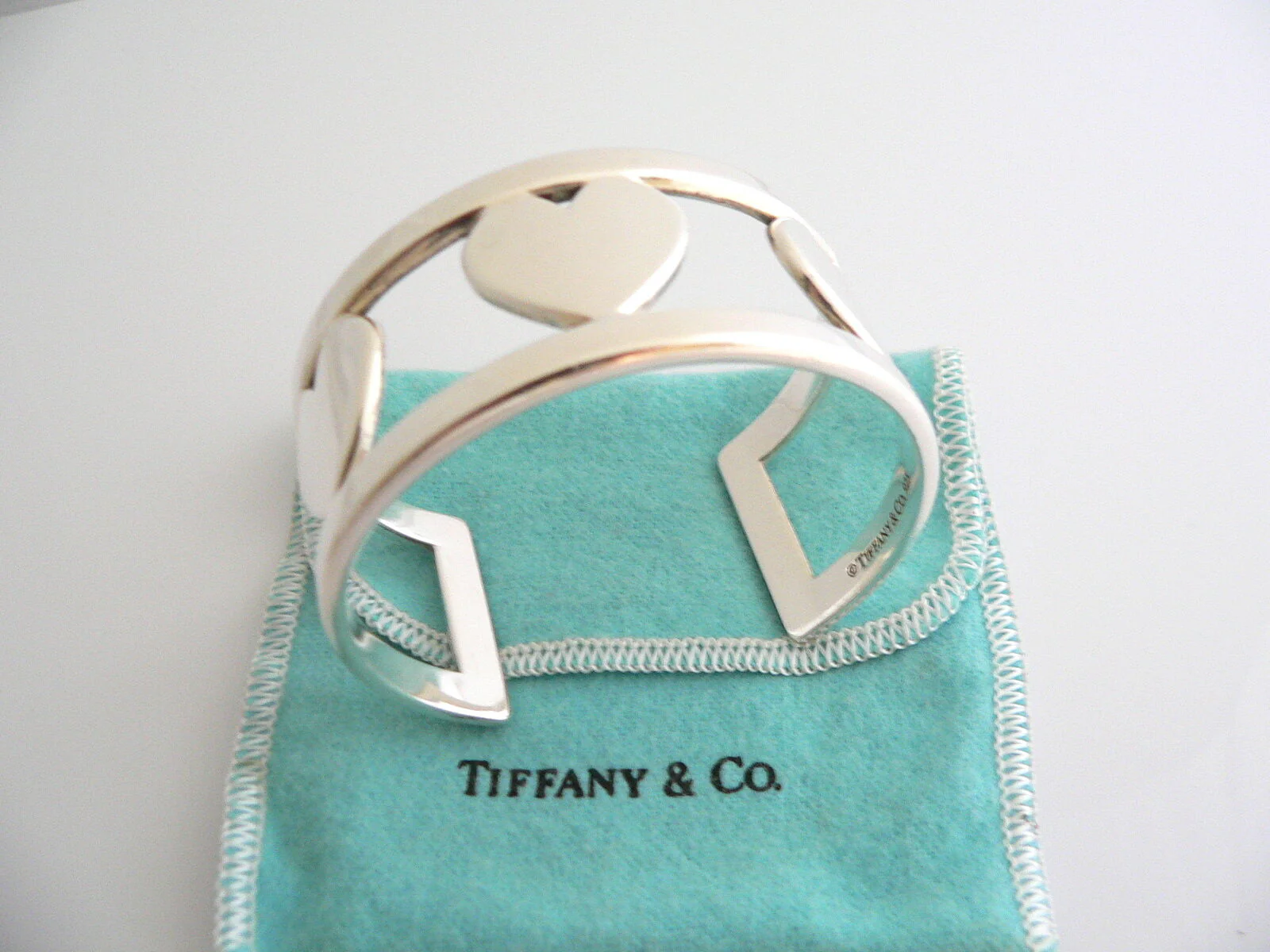 Tiffany & Co Silver Heart Bar Cuff Bangle Bracelet Rare Gift Pouch Love Art