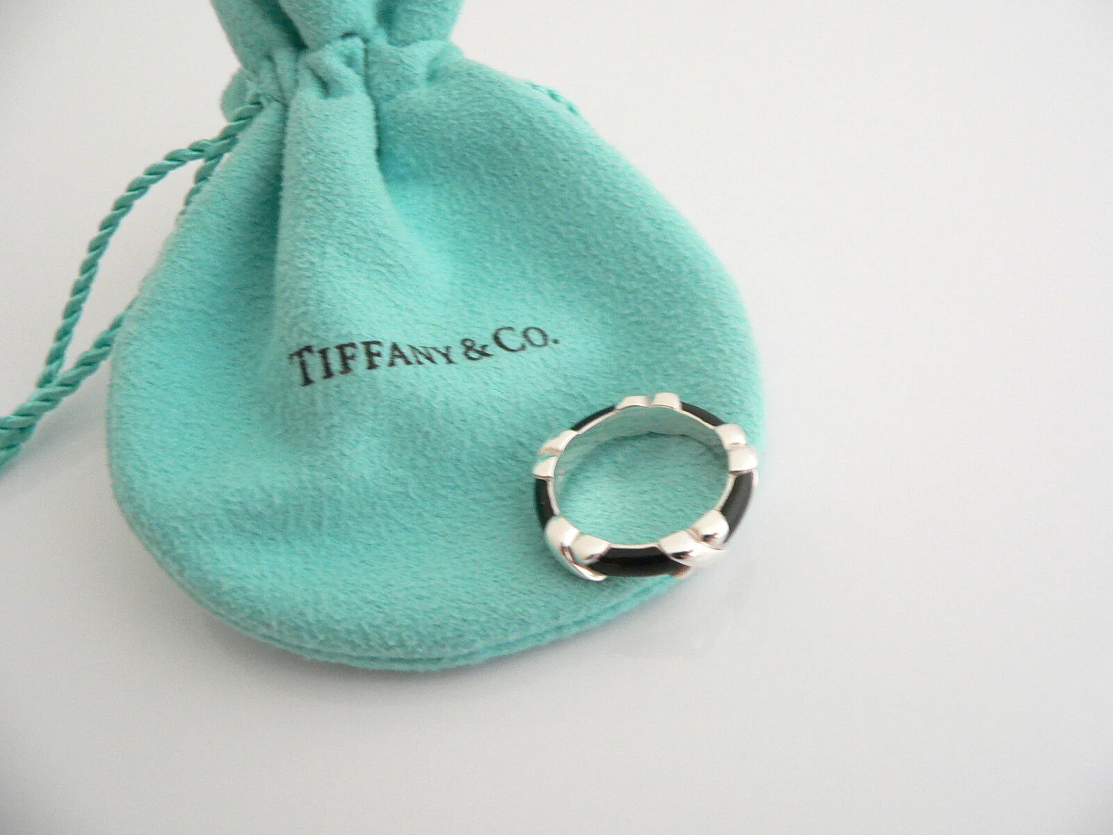 Tiffany & Co Signature Ring Silver Black Enamel X Stacking Band Sz 5 Gift Love