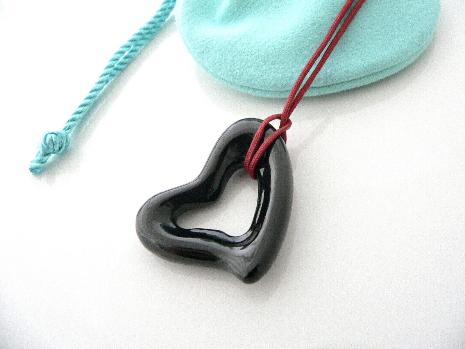 Tiffany & Co XL Heart Gemstone Necklace Pendant Black Jade Love Charm Pouch Gift