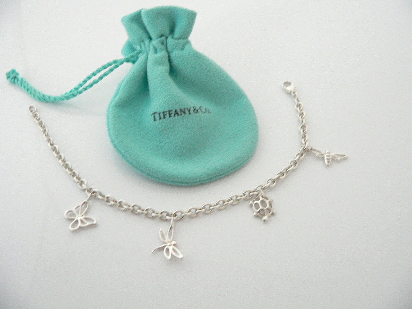 Tiffany & Co Silver Butterfly Turtle Firefly Bee Bracelet Bangle 8 Inch Longer