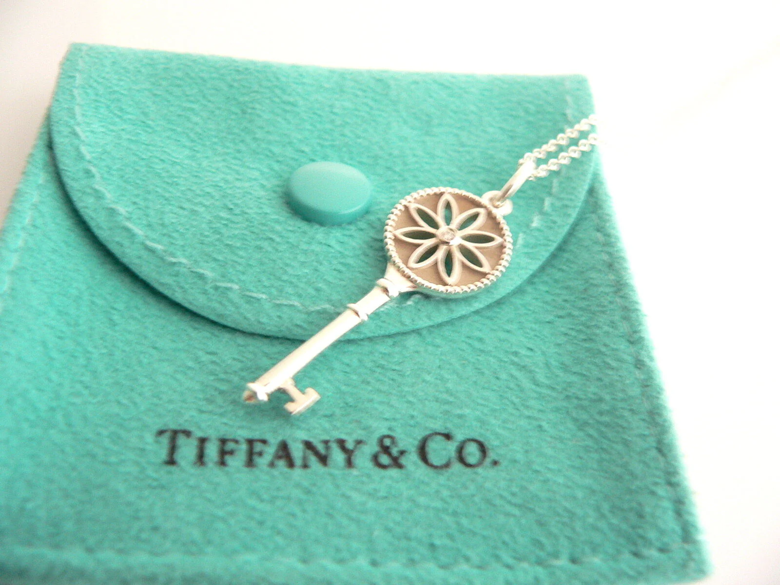 Tiffany Co Diamond Daisy Key Necklace Nature Pendant 18 In Chain Silver Gift Art