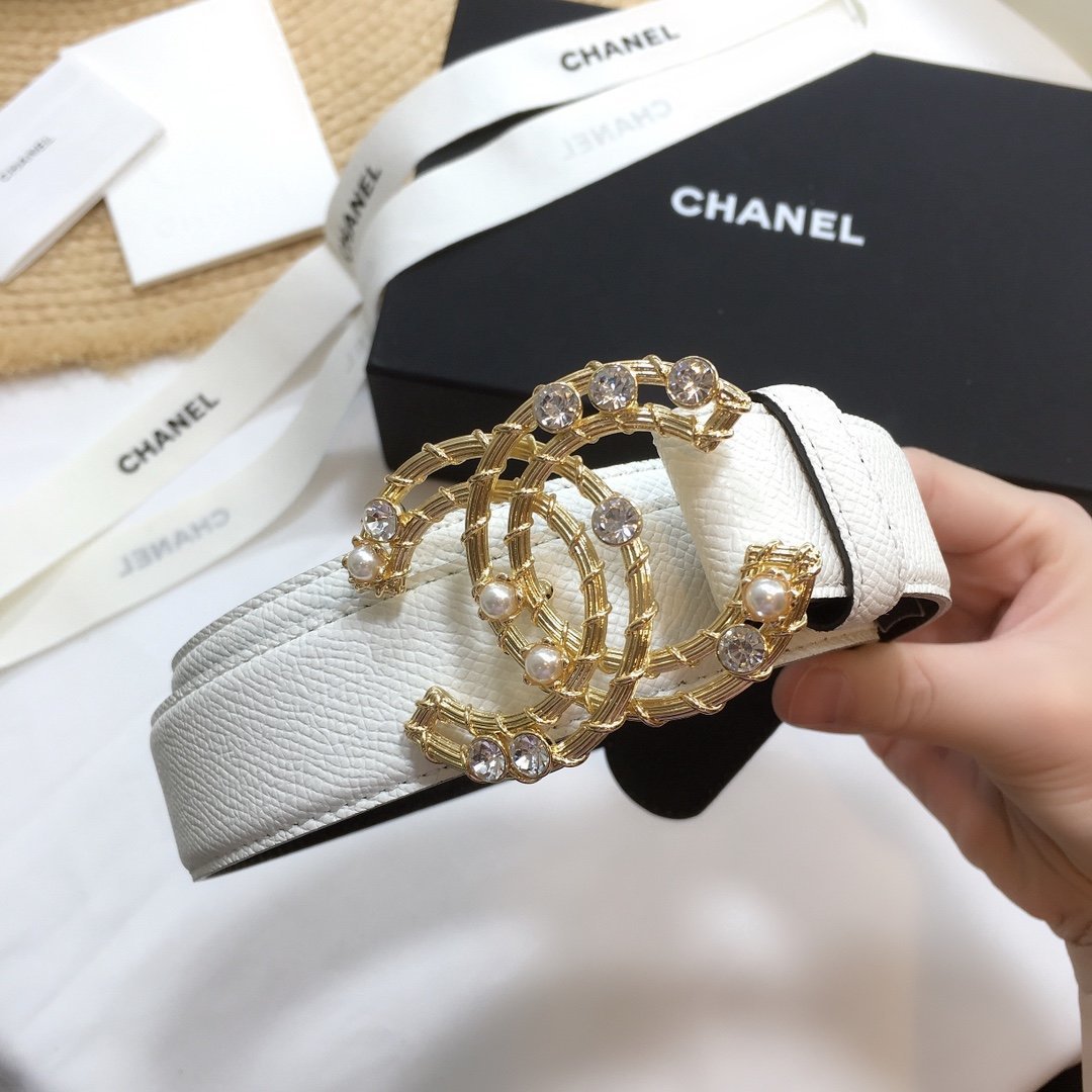 Chanel Belt With Double C Buckle White Gold Chanel Logo Hardware Women Belt 30MM