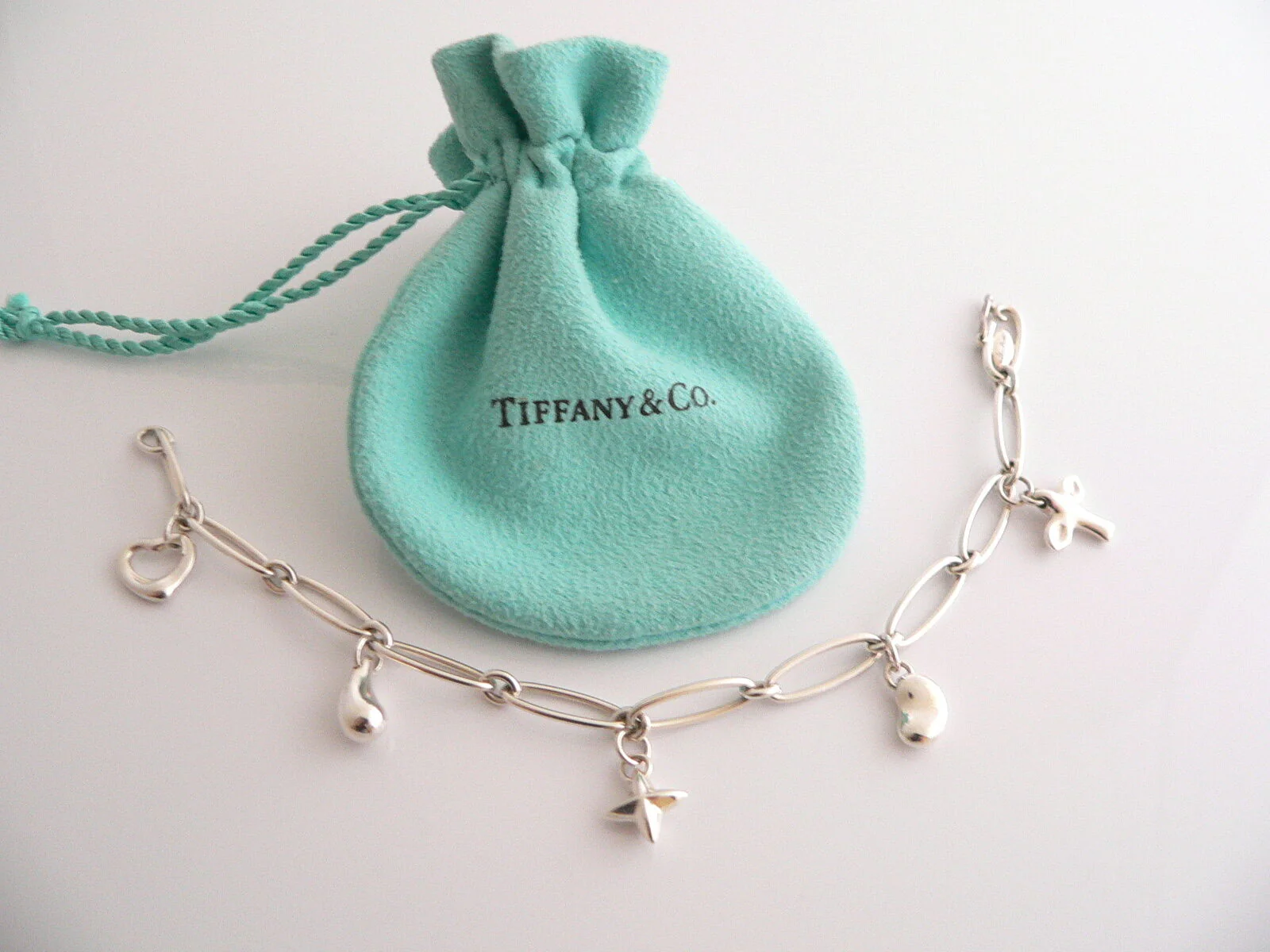 Tiffany & Co Silver Peretti Dove Heart Bean Star Charm Bracelet Gift Pouch Love