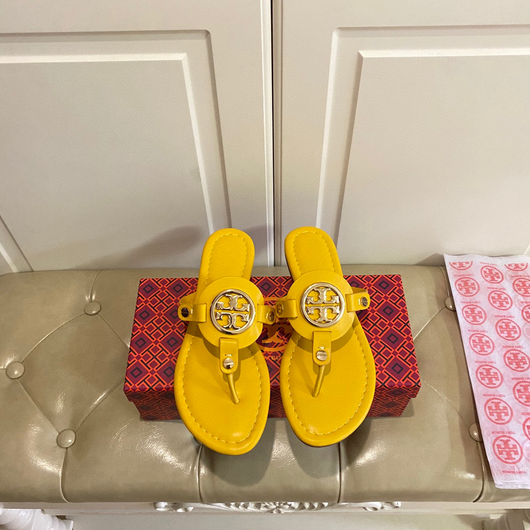 Tory Burch Leather Metal Logo Flip-flops Sandals Slide (Replica)