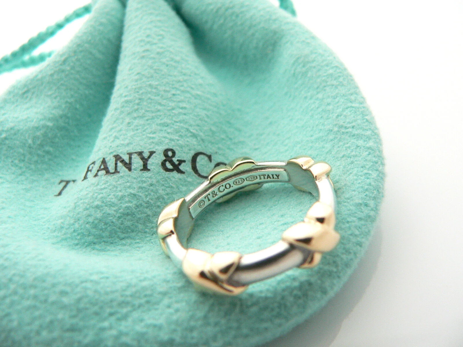 Tiffany & Co Silver 18K Gold Signature X Ring Stacking Band Sz 5.5 Gift Pouch