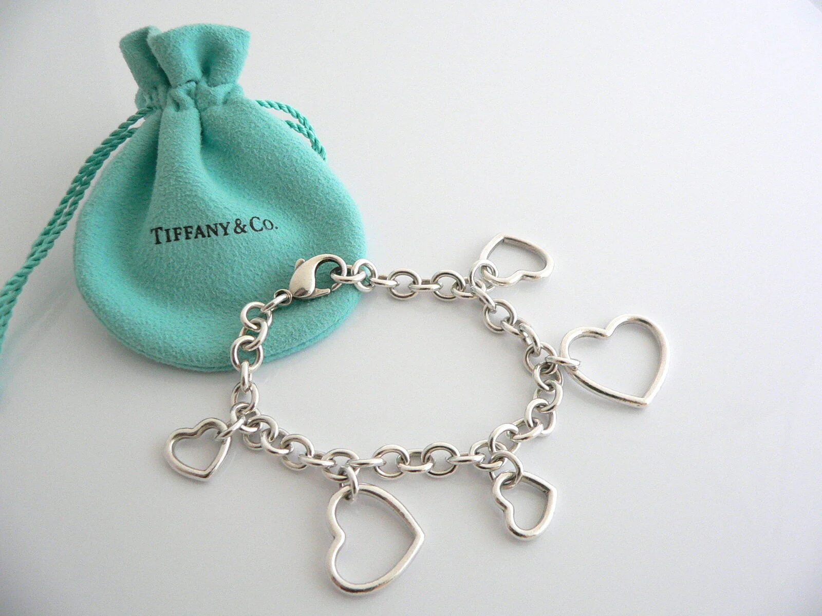 Tiffany & Co Silver 5 Hearts Dangle Bracelet Bangle Link 7.5 In Chain Gift Love